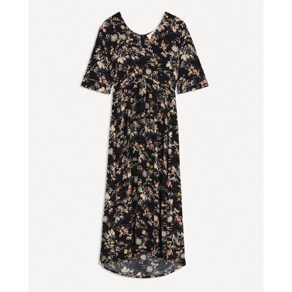 Ba&sh Floe Floral Midi Peasant Dress V Neck Short Sleeve Pleated - Picture 5 of 12
